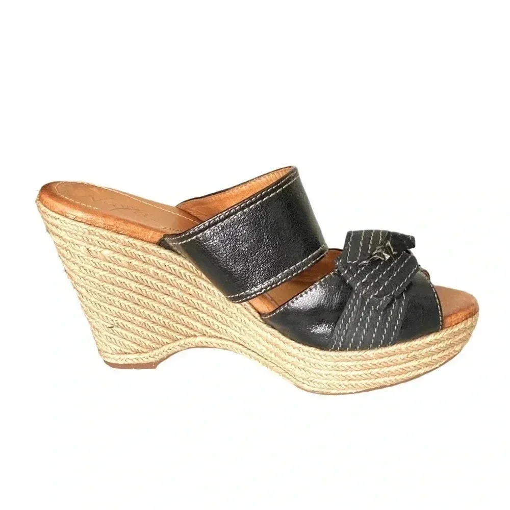 NAYA COLETTE |Chunky Strap Platform Bow Espadrille Black Leather Wedge Size 9.5W